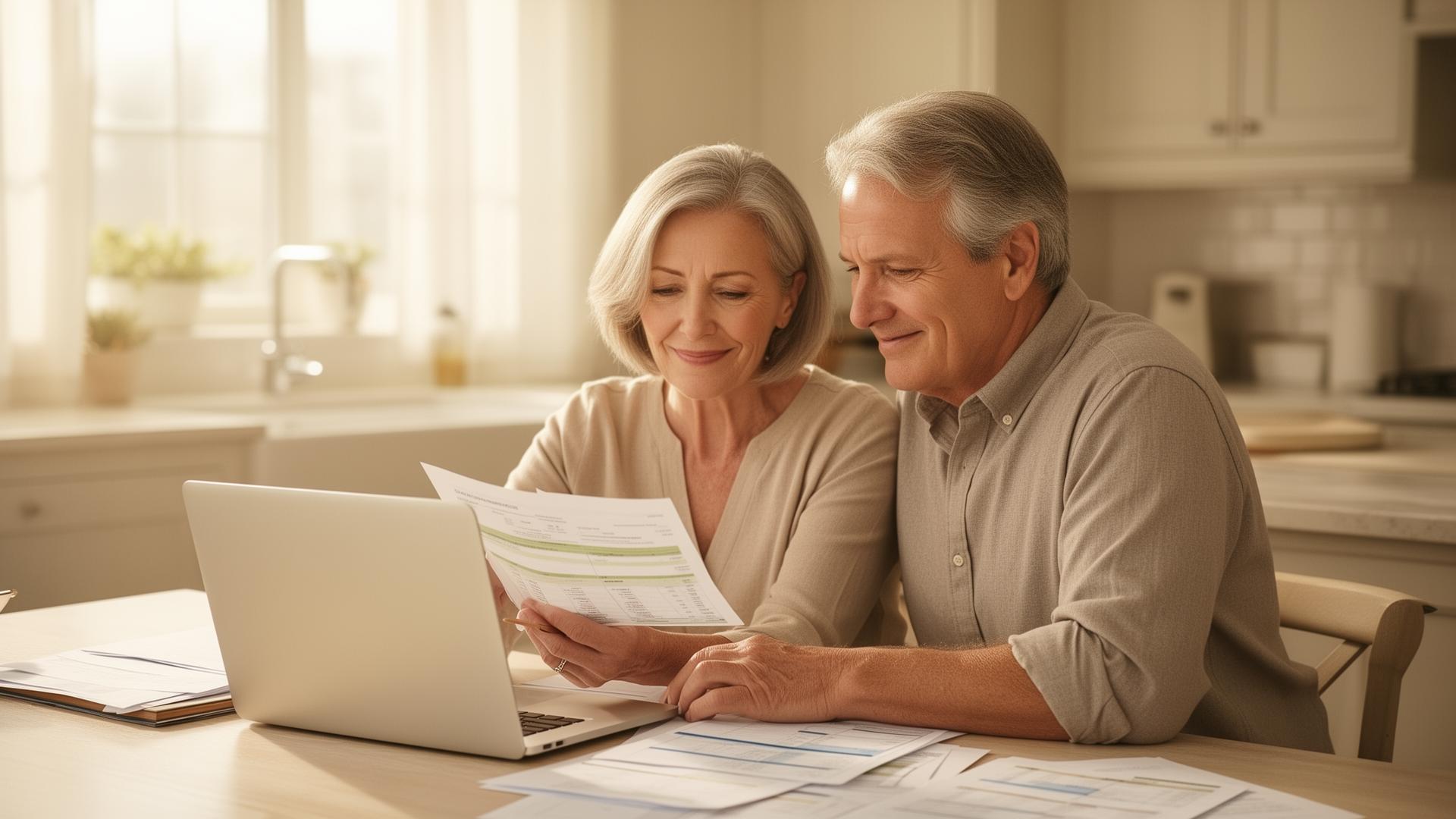 A couple calmly reviewing their finances together at a kitchen table